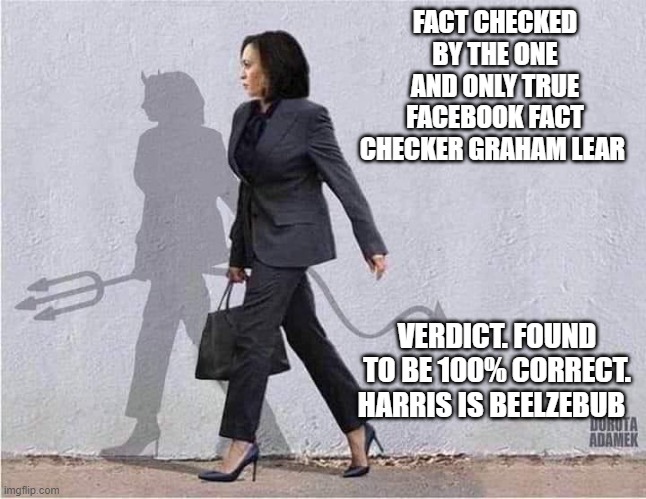 FACT CHECKED BY THE ONE AND ONLY TRUE FACEBOOK FACT CHECKER GRAHAM LEAR; VERDICT. FOUND TO BE 100% CORRECT. HARRIS IS BEELZEBUB | image tagged in democrats | made w/ Imgflip meme maker