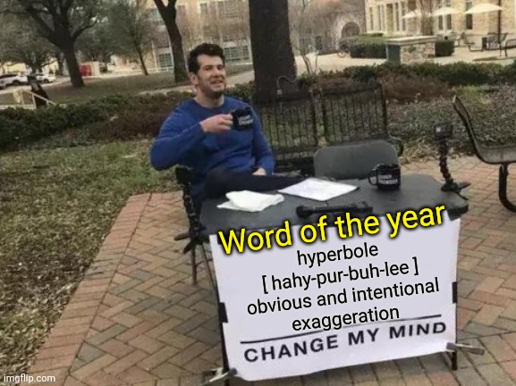 Nobody Ever Used It Before.  Now Everyone Is Using It To Death | hyperbole
[ hahy-pur-buh-lee ]

obvious and intentional exaggeration; Word of the year | image tagged in memes,change my mind,vocabulary,you keep using that word,word of the day,over it | made w/ Imgflip meme maker