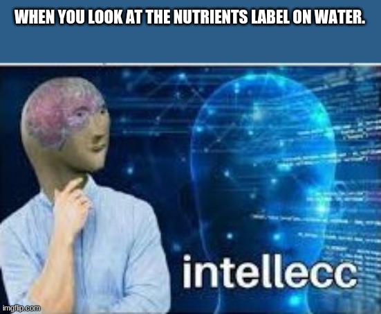 i out of ideas | WHEN YOU LOOK AT THE NUTRIENTS LABEL ON WATER. | image tagged in intellecc | made w/ Imgflip meme maker
