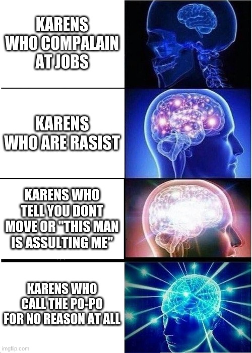 Expanding Brain Meme | KARENS WHO COMPALAIN AT JOBS; KARENS WHO ARE RASIST; KARENS WHO TELL YOU DONT MOVE OR "THIS MAN IS ASSULTING ME"; KARENS WHO CALL THE PO-PO FOR NO REASON AT ALL | image tagged in memes,expanding brain | made w/ Imgflip meme maker
