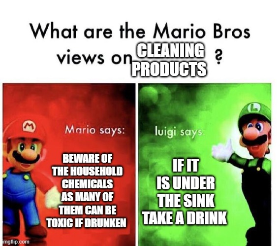 remember kids always listen to luigi | CLEANING PRODUCTS; BEWARE OF THE HOUSEHOLD CHEMICALS AS MANY OF THEM CAN BE TOXIC IF DRUNKEN; IF IT IS UNDER THE SINK TAKE A DRINK | image tagged in mario bros views | made w/ Imgflip meme maker