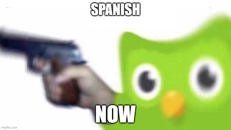 spanish NOW | SPANISH; NOW | image tagged in duolingo gun | made w/ Imgflip meme maker
