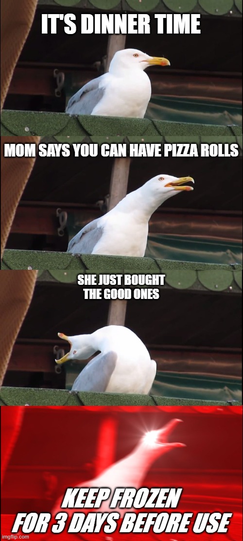 Inhaling Seagull Meme | IT'S DINNER TIME; MOM SAYS YOU CAN HAVE PIZZA ROLLS; SHE JUST BOUGHT THE GOOD ONES; KEEP FROZEN FOR 3 DAYS BEFORE USE | image tagged in memes,inhaling seagull,pizza rolls | made w/ Imgflip meme maker
