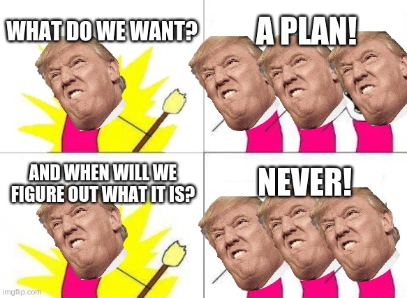 trump be like | WHAT DO WE WANT? A PLAN! NEVER! AND WHEN WILL WE FIGURE OUT WHAT IT IS? | image tagged in memes,what do we want | made w/ Imgflip meme maker