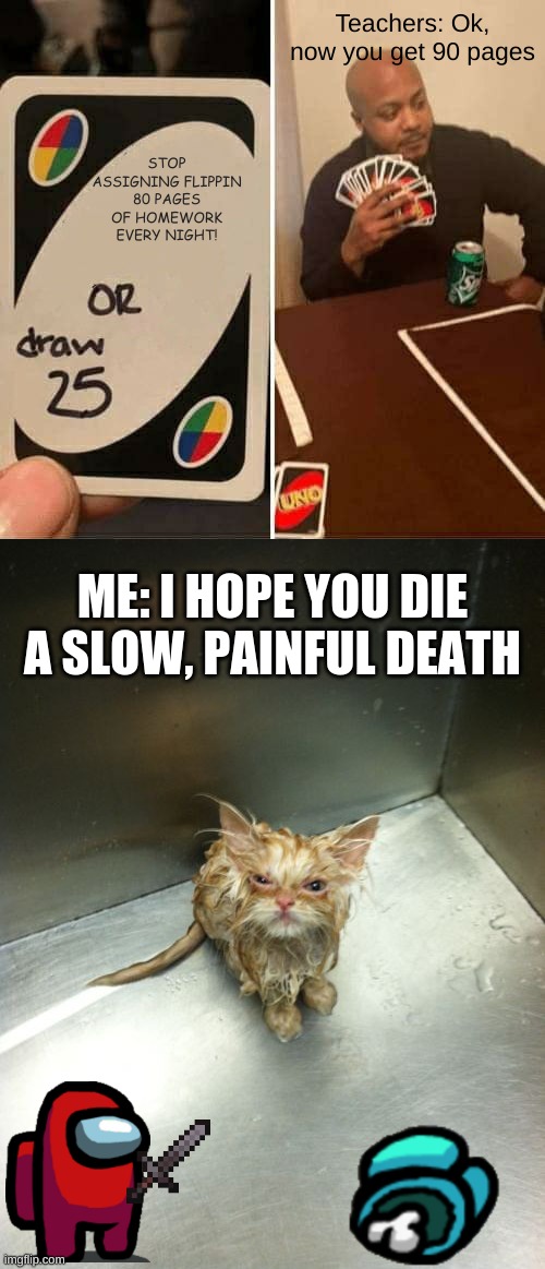 Teachers: Ok, now you get 90 pages; STOP ASSIGNING FLIPPIN 80 PAGES OF HOMEWORK EVERY NIGHT! ME: I HOPE YOU DIE A SLOW, PAINFUL DEATH | image tagged in memes,uno draw 25 cards,kill you cat | made w/ Imgflip meme maker