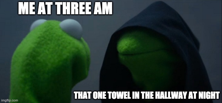 Evil Kermit | ME AT THREE AM; THAT ONE TOWEL IN THE HALLWAY AT NIGHT | image tagged in memes,evil kermit | made w/ Imgflip meme maker