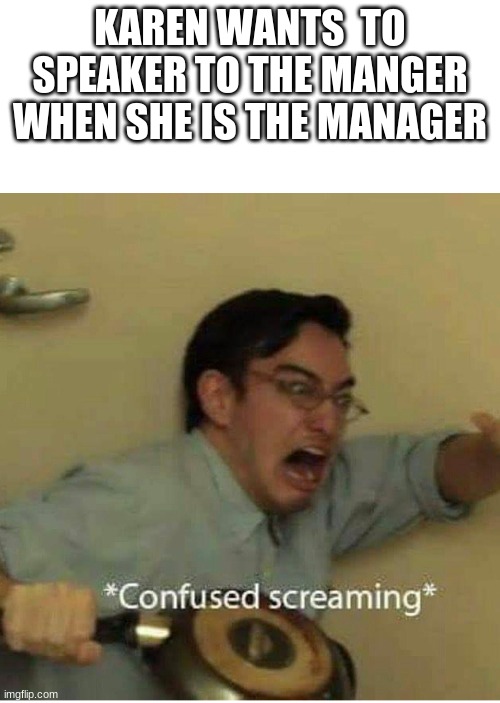AHHHHHHHHHHHHHHHHHH | KAREN WANTS  TO SPEAKER TO THE MANGER WHEN SHE IS THE MANAGER | image tagged in confused screaming | made w/ Imgflip meme maker