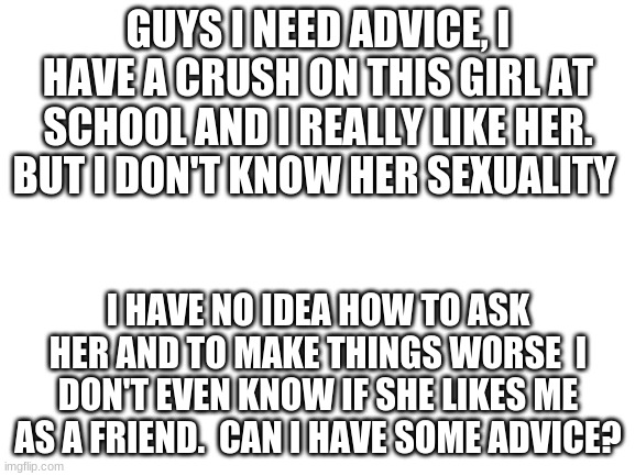 Help | GUYS I NEED ADVICE, I HAVE A CRUSH ON THIS GIRL AT SCHOOL AND I REALLY LIKE HER. BUT I DON'T KNOW HER SEXUALITY; I HAVE NO IDEA HOW TO ASK HER AND TO MAKE THINGS WORSE  I DON'T EVEN KNOW IF SHE LIKES ME AS A FRIEND.  CAN I HAVE SOME ADVICE? | image tagged in blank white template,help me,crush,oof | made w/ Imgflip meme maker