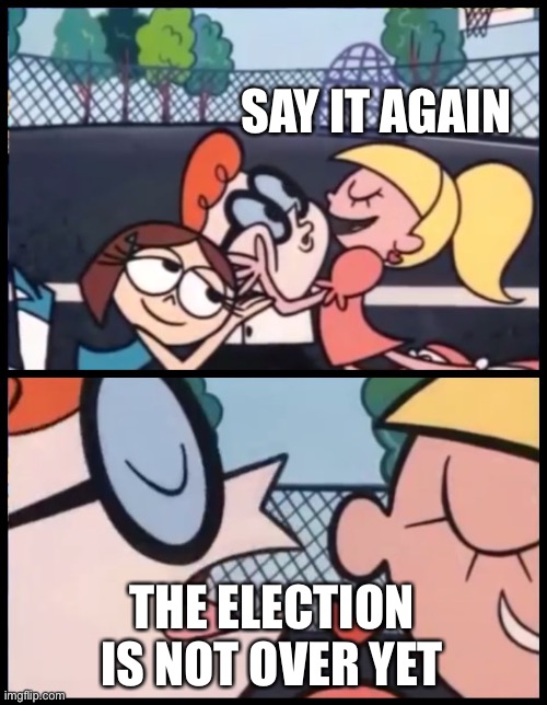 Say it Again, Dexter | SAY IT AGAIN; THE ELECTION IS NOT OVER YET | image tagged in memes,say it again dexter | made w/ Imgflip meme maker