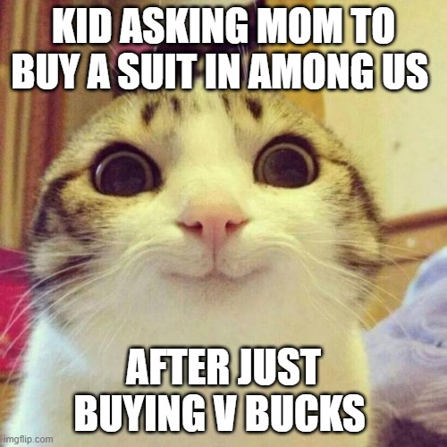 EEEEEEEEE | KID ASKING MOM TO BUY A SUIT IN AMONG US; AFTER JUST BUYING V BUCKS | image tagged in memes,smiling cat | made w/ Imgflip meme maker