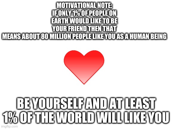 be yourself | MOTIVATIONAL NOTE: IF ONLY 1% OF PEOPLE ON EARTH WOULD LIKE TO BE YOUR FRIEND THEN THAT MEANS ABOUT 80 MILLION PEOPLE LIKE YOU AS A HUMAN BEING; BE YOURSELF AND AT LEAST 1% OF THE WORLD WILL LIKE YOU | image tagged in blank white template | made w/ Imgflip meme maker