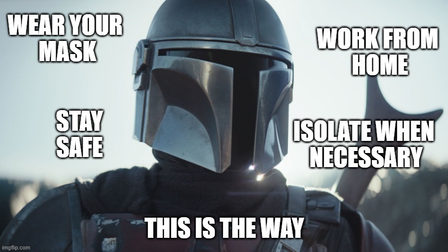 this is the way | WEAR YOUR 
MASK; WORK FROM 
HOME; STAY
SAFE; ISOLATE WHEN 
NECESSARY; THIS IS THE WAY | image tagged in the mandalorian | made w/ Imgflip meme maker