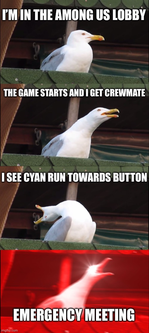 Inhaling Seagull Meme | I’M IN THE AMONG US LOBBY; THE GAME STARTS AND I GET CREWMATE; I SEE CYAN RUN TOWARDS BUTTON; EMERGENCY MEETING | image tagged in memes,inhaling seagull | made w/ Imgflip meme maker