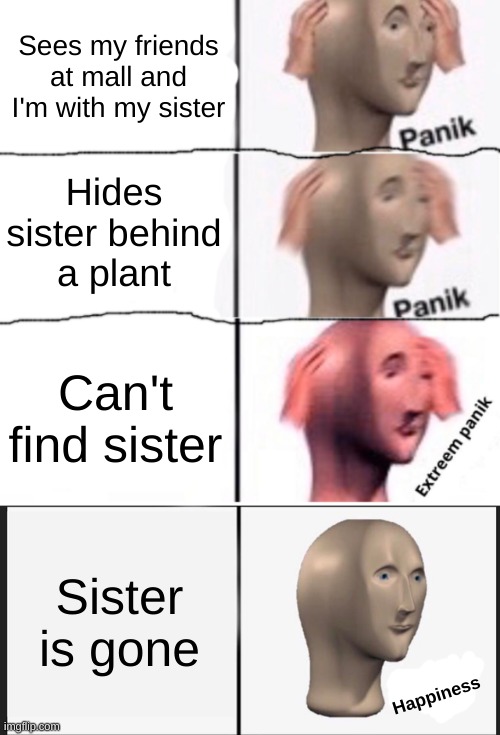 Sees my friends at mall and I'm with my sister; Hides sister behind a plant; Can't find sister; Sister is gone; Happiness | image tagged in extreem panik,memes,panik kalm panik | made w/ Imgflip meme maker