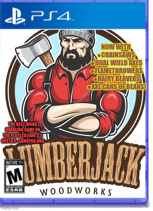 Best new playstation games | NOW WITH 
●CHAINSAWS 
●DUAL WIELD AXES
●FLAMETHROWERS
●HAIRY BEAVERS
●XXL CANS OF BEANS! THE BEST WOOD HANDLING GAME ON THE PLAYSTATION! 3.5 OUTTA 5- GAMEPRO.ORG | image tagged in playstation,games,fake,lumberjack,chainsaw | made w/ Imgflip meme maker