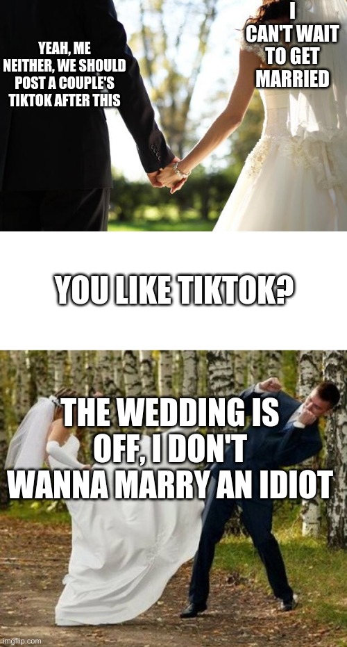 Smart bride | I CAN'T WAIT TO GET MARRIED; YEAH, ME NEITHER, WE SHOULD POST A COUPLE'S TIKTOK AFTER THIS; YOU LIKE TIKTOK? THE WEDDING IS OFF, I DON'T WANNA MARRY AN IDIOT | image tagged in wedding,blank white template,memes,angry bride | made w/ Imgflip meme maker