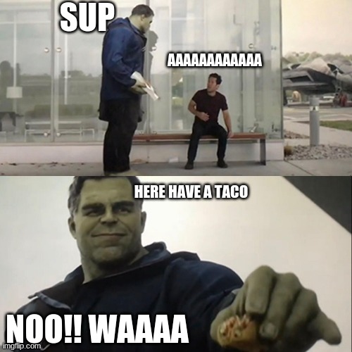 hulk the taco | SUP; AAAAAAAAAAAA; HERE HAVE A TACO; NOO!! WAAAA | image tagged in hulk taco | made w/ Imgflip meme maker