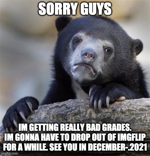 Confession Bear | SORRY GUYS; IM GETTING REALLY BAD GRADES. IM GONNA HAVE TO DROP OUT OF IMGFLIP FOR A WHILE. SEE YOU IN DECEMBER-.2021 | image tagged in memes,confession bear | made w/ Imgflip meme maker