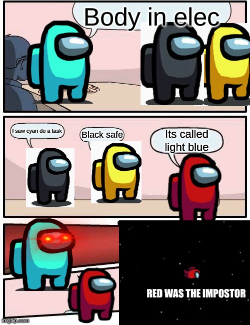 Among Us | Body in elec; I saw cyan do a task; Black safe; Its called light blue; RED WAS THE IMPOSTOR | image tagged in memes,boardroom meeting suggestion | made w/ Imgflip meme maker