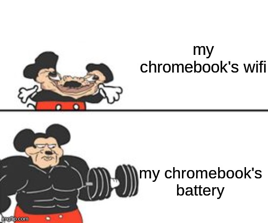 just like internet explorer it takes too long to | my chromebook's wifi; my chromebook's battery | image tagged in buff mokey | made w/ Imgflip meme maker