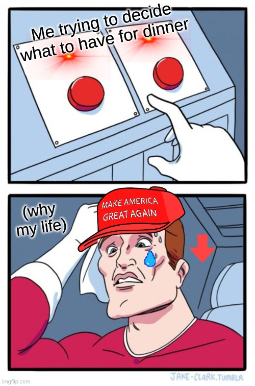 dinner | Me trying to decide what to have for dinner; (why my life) | image tagged in memes,two buttons | made w/ Imgflip meme maker