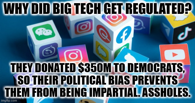 Big Tech Regulated | WHY DID BIG TECH GET REGULATED? THEY DONATED $350M TO DEMOCRATS, SO THEIR POLITICAL BIAS PREVENTS THEM FROM BEING IMPARTIAL. ASSHOLES. | image tagged in censorship,first amendment,social media | made w/ Imgflip meme maker