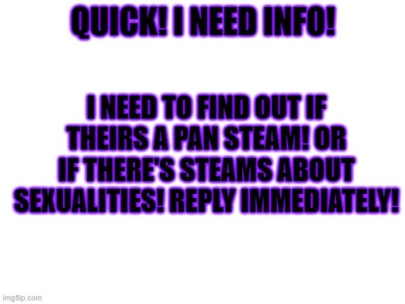 IF NOT! I'M GOING TO MAKE THEM!!! | QUICK! I NEED INFO! I NEED TO FIND OUT IF THEIRS A PAN STEAM! OR IF THERE'S STEAMS ABOUT SEXUALITIES! REPLY IMMEDIATELY! | image tagged in blank white template | made w/ Imgflip meme maker