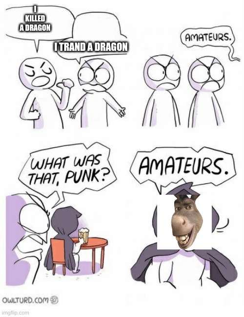 Amateurs | I KILLED A DRAGON; I TRAND A DRAGON | image tagged in amateurs | made w/ Imgflip meme maker