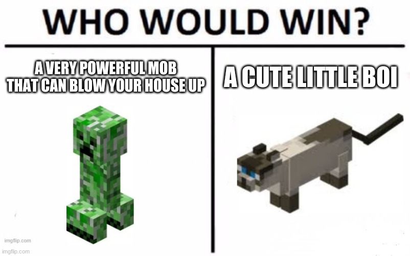 Who would win | A VERY POWERFUL MOB THAT CAN BLOW YOUR HOUSE UP; A CUTE LITTLE BOI | image tagged in memes,who would win,minecraft creeper,cat | made w/ Imgflip meme maker