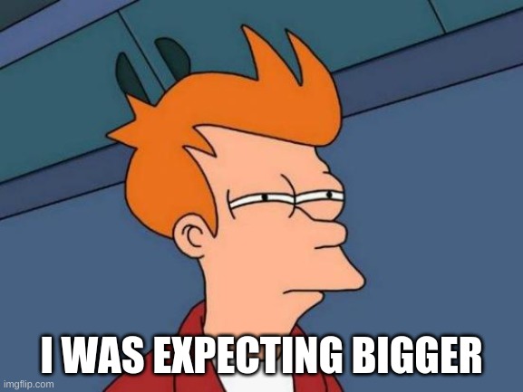 I WAS EXPECTING BIGGER | image tagged in memes,futurama fry | made w/ Imgflip meme maker