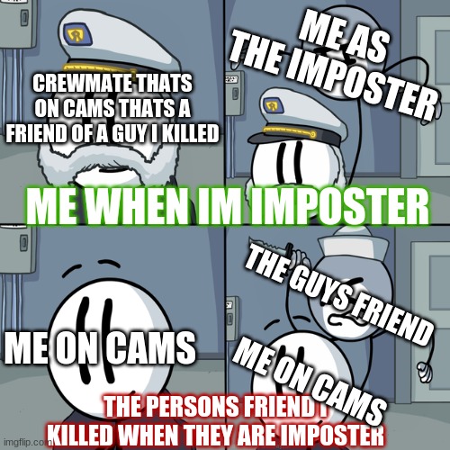 Among Us X Henry Stickmin | ME AS THE IMPOSTER; CREWMATE THATS ON CAMS THATS A FRIEND OF A GUY I KILLED; ME WHEN IM IMPOSTER; THE GUYS FRIEND; ME ON CAMS; ME ON CAMS; THE PERSONS FRIEND I KILLED WHEN THEY ARE IMPOSTER | image tagged in henry stickmin | made w/ Imgflip meme maker