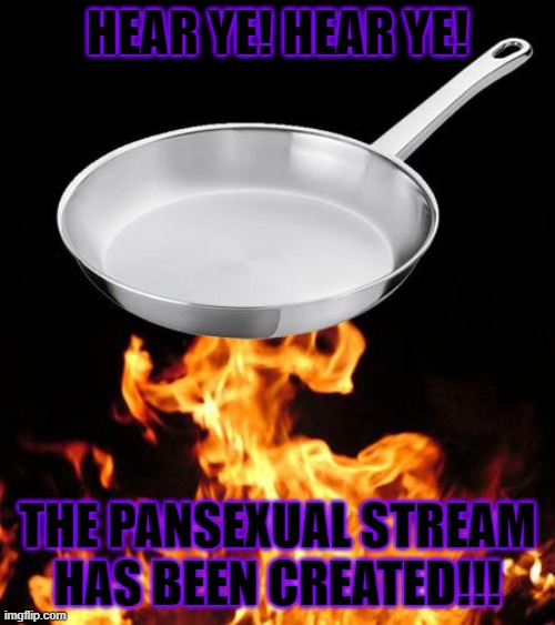 LINK IN THE COMMENTS!!! | HEAR YE! HEAR YE! THE PANSEXUAL STREAM HAS BEEN CREATED!!! | image tagged in frying pan to fire | made w/ Imgflip meme maker