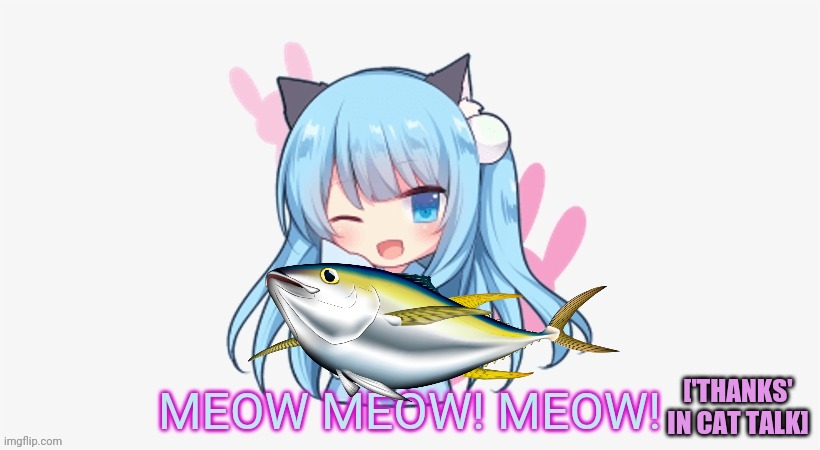 When you give a neko a fish | ['THANKS' IN CAT TALK] | image tagged in cute cats,cute girl,nekos,anime girl,fish | made w/ Imgflip meme maker