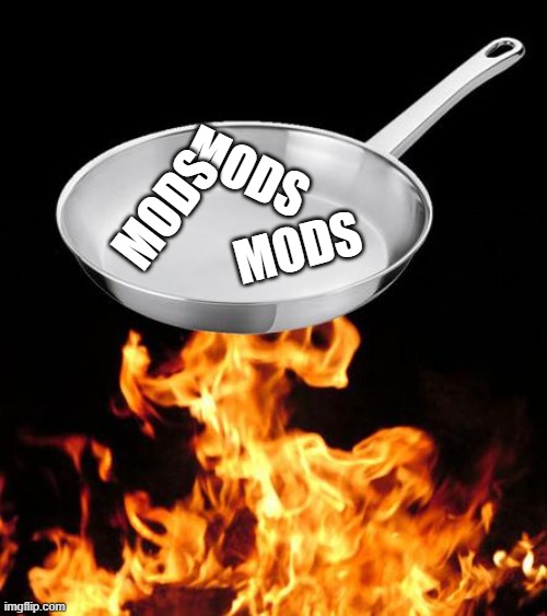 LET'S GET SOME MODS UP IN THIS PAN! | MODS; MODS; MODS | image tagged in frying pan to fire,mods | made w/ Imgflip meme maker
