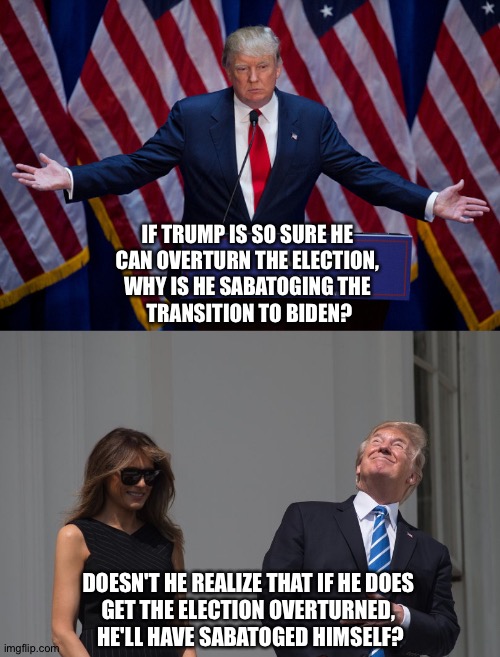 Self-Sabatoge | IF TRUMP IS SO SURE HE 
CAN OVERTURN THE ELECTION, 
WHY IS HE SABATOGING THE 
TRANSITION TO BIDEN? DOESN'T HE REALIZE THAT IF HE DOES 
GET THE ELECTION OVERTURNED, 
HE'LL HAVE SABATOGED HIMSELF? | image tagged in donald trump,stupid trump staring eclipse | made w/ Imgflip meme maker