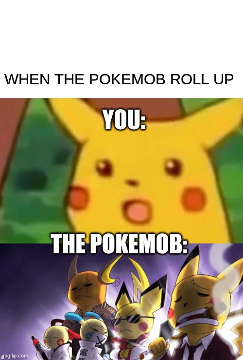 WHEN THE POKEMOB ROLL UP; YOU:; THE POKEMOB: | image tagged in memes,surprised pikachu,cashwag crew | made w/ Imgflip meme maker
