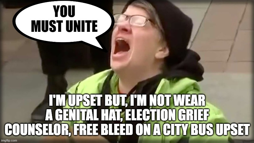 Unite with whom, you must be kidding | YOU MUST UNITE; I'M UPSET BUT, I'M NOT WEAR A GENITAL HAT, ELECTION GRIEF COUNSELOR, FREE BLEED ON A CITY BUS UPSET | image tagged in trump,biden,election 2020,voter fraud,sjw | made w/ Imgflip meme maker