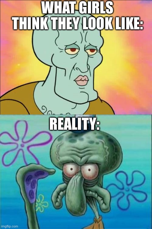 Squidward Meme | WHAT GIRLS THINK THEY LOOK LIKE:; REALITY: | image tagged in memes,squidward | made w/ Imgflip meme maker
