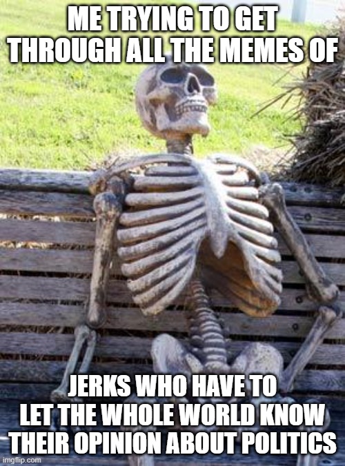 Waiting Skeleton Meme | ME TRYING TO GET THROUGH ALL THE MEMES OF; JERKS WHO HAVE TO LET THE WHOLE WORLD KNOW THEIR OPINION ABOUT POLITICS | image tagged in memes,waiting skeleton | made w/ Imgflip meme maker