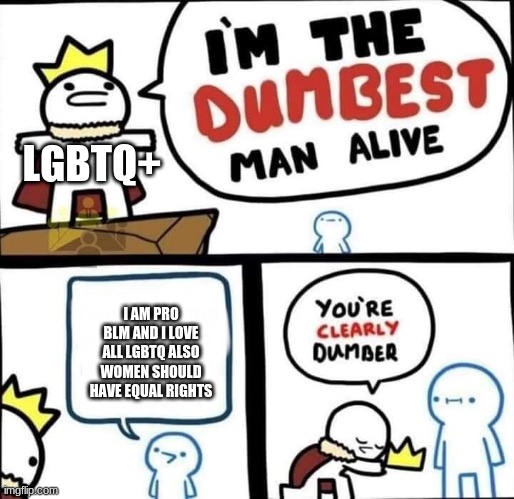 an idiot made this | LGBTQ+; I AM PRO BLM AND I LOVE ALL LGBTQ ALSO WOMEN SHOULD HAVE EQUAL RIGHTS | made w/ Imgflip meme maker