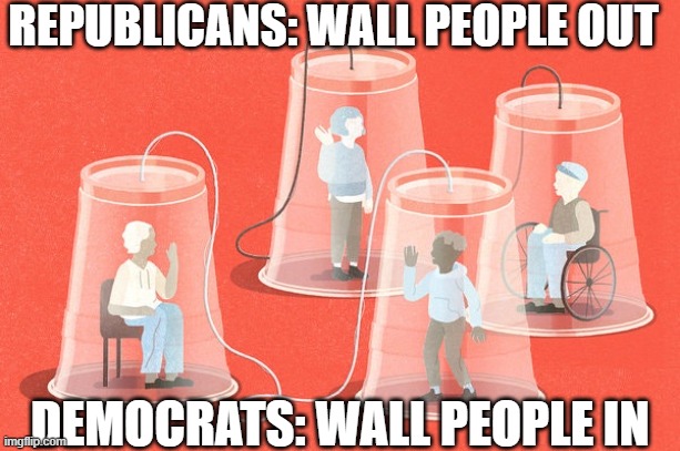 Republican Wall vs Democrat Wall | REPUBLICANS: WALL PEOPLE OUT; DEMOCRATS: WALL PEOPLE IN | image tagged in republicans,democrats,politics | made w/ Imgflip meme maker