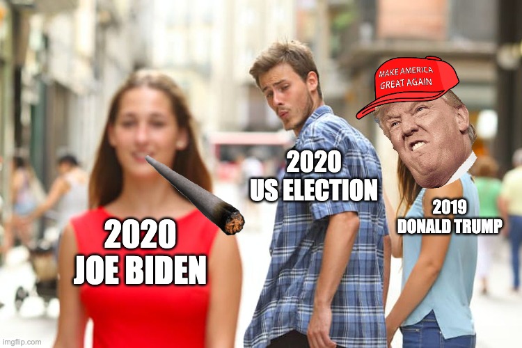 Distracted Boyfriend | 2020 
US ELECTION; 2019 
DONALD TRUMP; 2020 
JOE BIDEN | image tagged in memes,distracted boyfriend | made w/ Imgflip meme maker