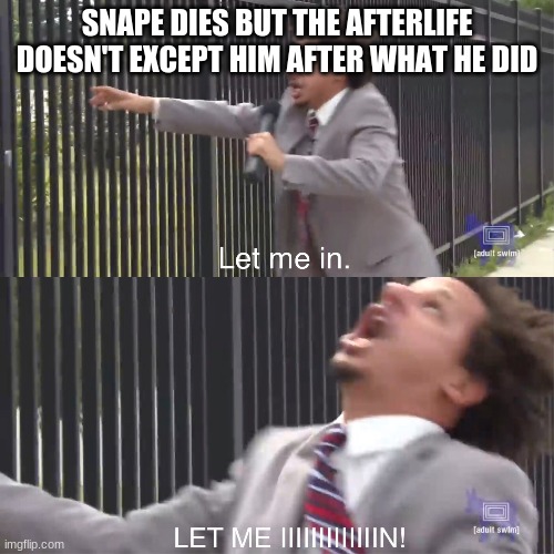 let me in | SNAPE DIES BUT THE AFTERLIFE DOESN'T EXCEPT HIM AFTER WHAT HE DID | image tagged in let me in | made w/ Imgflip meme maker