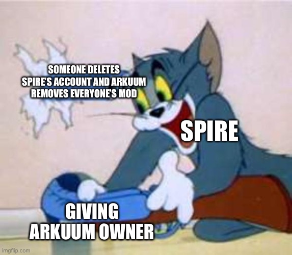 tom the cat shooting himself  | SOMEONE DELETES SPIRE’S ACCOUNT AND ARKUUM REMOVES EVERYONE’S MOD; SPIRE; GIVING ARKUUM OWNER | image tagged in tom the cat shooting himself | made w/ Imgflip meme maker