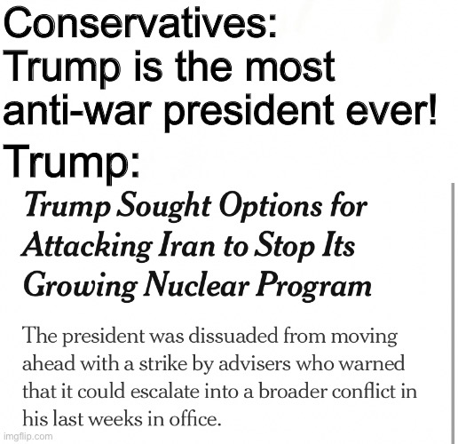 Anyone who unironically thinks trump is anti war is a delusional moron. | Conservatives: Trump is the most anti-war president ever! Trump: | image tagged in trump,warmonger,war criminal | made w/ Imgflip meme maker