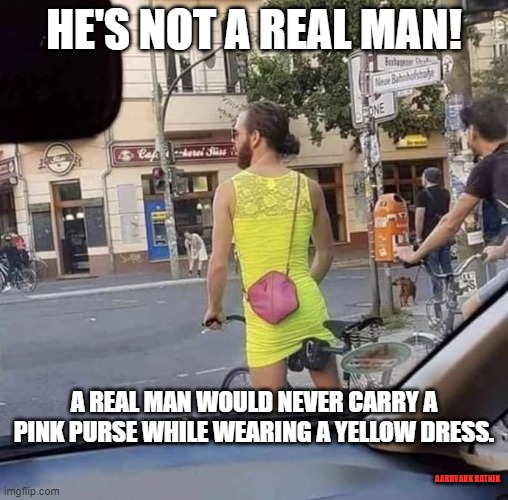 Tacky fellow |  HE'S NOT A REAL MAN! A REAL MAN WOULD NEVER CARRY A PINK PURSE WHILE WEARING A YELLOW DRESS. AARDVARK RATNIK | image tagged in funny memes,gay pride,real men,san francisco,california | made w/ Imgflip meme maker