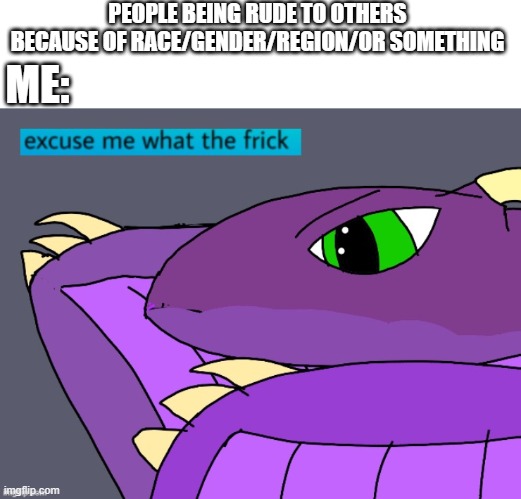 why | PEOPLE BEING RUDE TO OTHERS BECAUSE OF RACE/GENDER/REGION/OR SOMETHING; ME: | image tagged in race,religion,gender,night tar,excuse me what the fuck | made w/ Imgflip meme maker