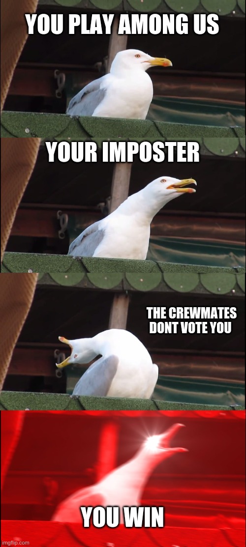 among us | YOU PLAY AMONG US; YOUR IMPOSTER; THE CREWMATES DONT VOTE YOU; YOU WIN | image tagged in memes,inhaling seagull | made w/ Imgflip meme maker