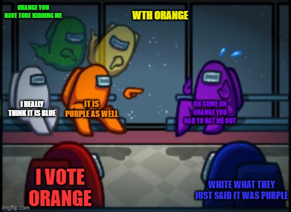 Among us blame | ORANGE YOU HAVE TOBE KIDDING ME; WTH ORANGE; I REALLY THINK IT IS BLUE; IT IS PURPLE AS WELL; OH COME ON ORANGE YOU HAD TO RAT ME OUT; I VOTE ORANGE; WHITE WHAT THEY JUST SAID IT WAS PURPLE | image tagged in among us blame | made w/ Imgflip meme maker