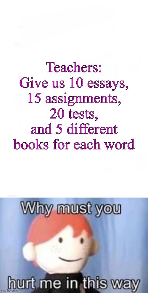 Seriously?! | Teachers: Give us 10 essays, 15 assignments, 20 tests, and 5 different books for each word | image tagged in why must you hurt me in this way | made w/ Imgflip meme maker
